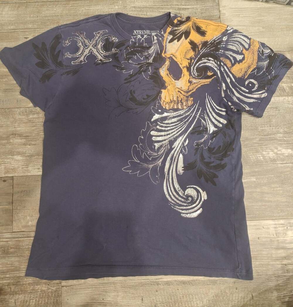 XTREME COUTURE by AFFLICTION Gray TELEPHUS Short Sleeve Slim Fit Y2K T-shirt
